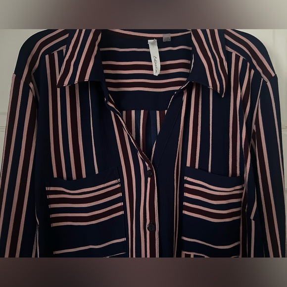 NY Collection Tops - NY Collection Navy Blue w/Pink and Maroon Stripes Button Front Blouse XL